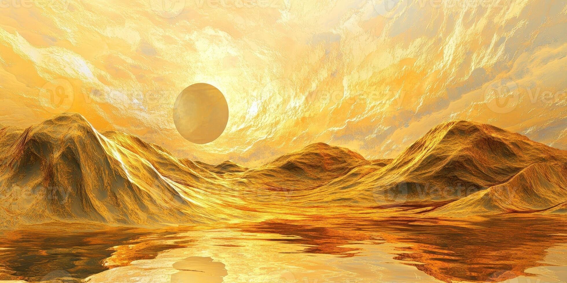 Golden landscape reflects in water beneath planet and cloudy sky photo