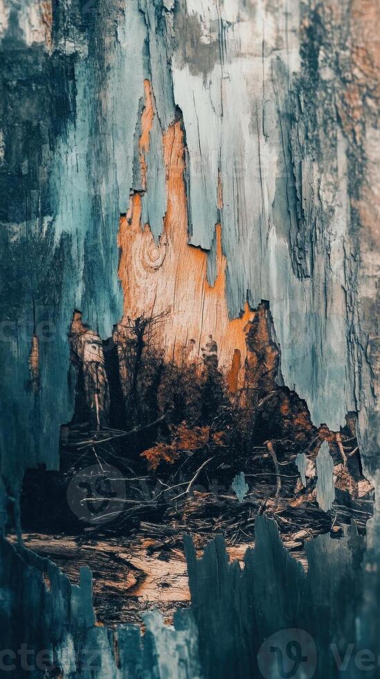 Eroded wooden surface reveals a decayed textured inner layer photo