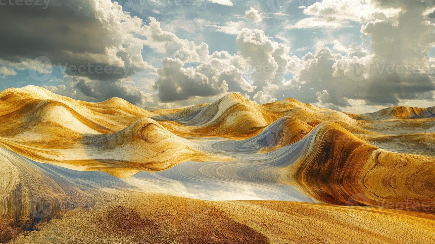 Golden hills under a cloudy sky present a wavy landscape photo