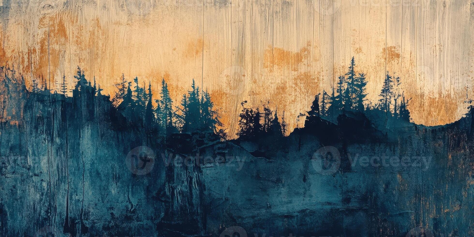 Serene forest silhouette overlayed on a wood grain background photo