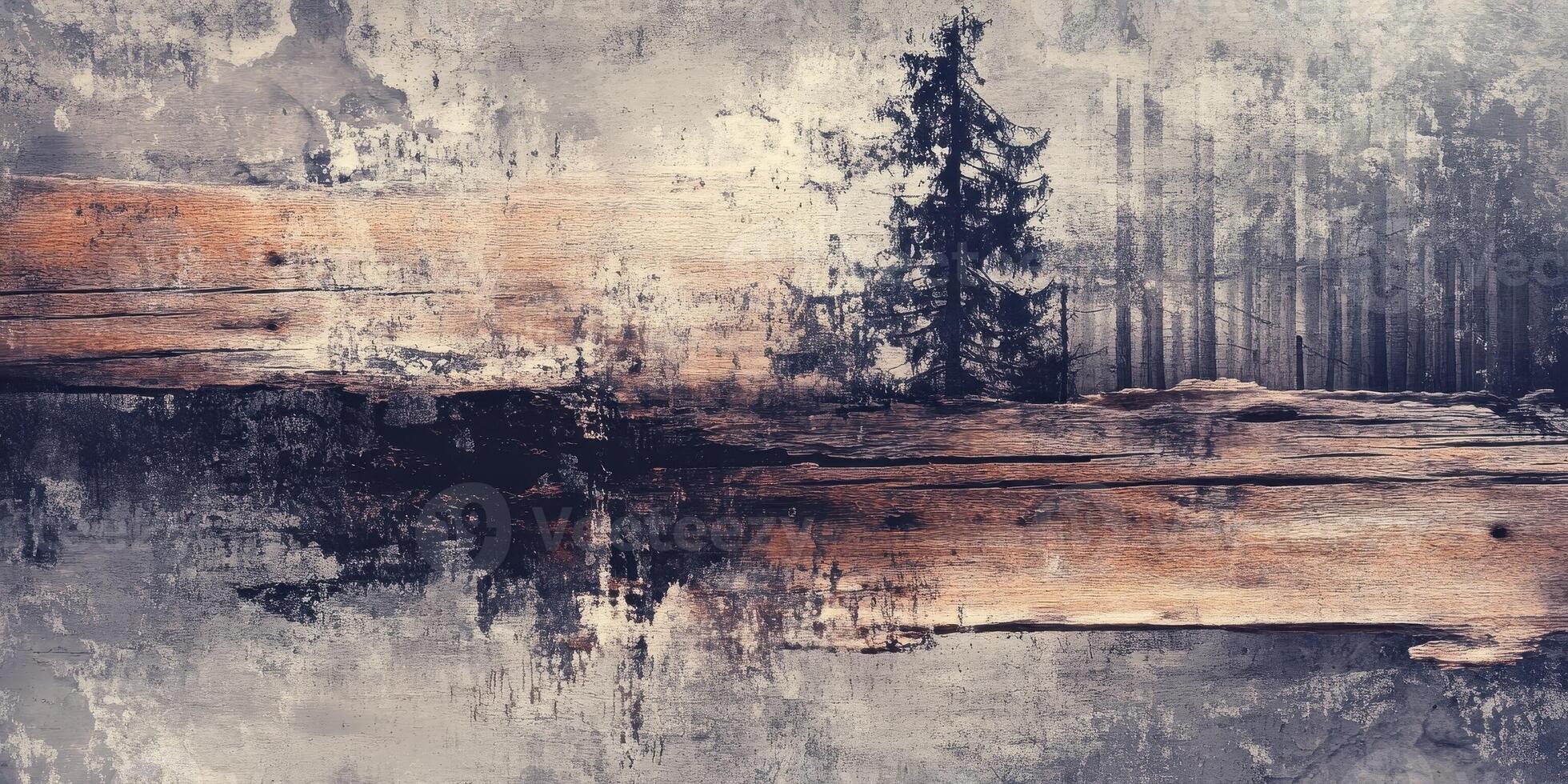 Distressed painting depicting a forest scene with old wooden boards photo