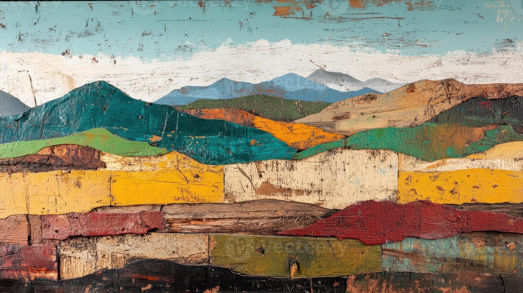 Colorful mountain range artwork created from reclaimed and painted wood photo