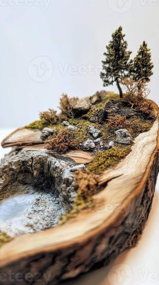 Miniature landscape scene on a cross section of a tree photo