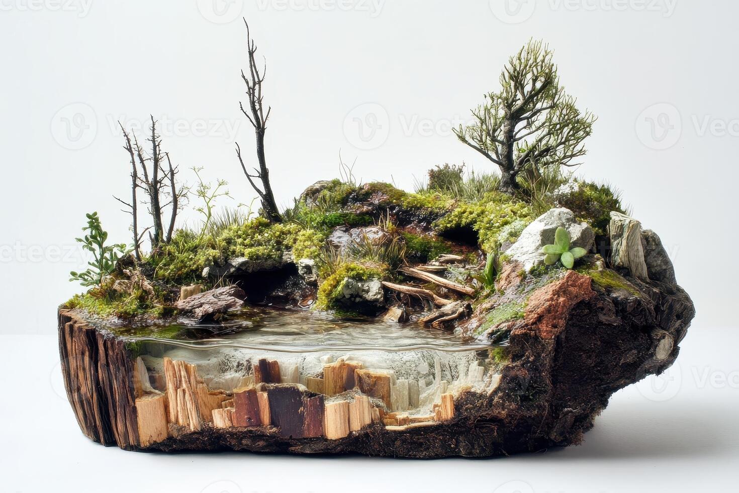 Miniature landscape featuring water cascading through tree trunk cross section photo