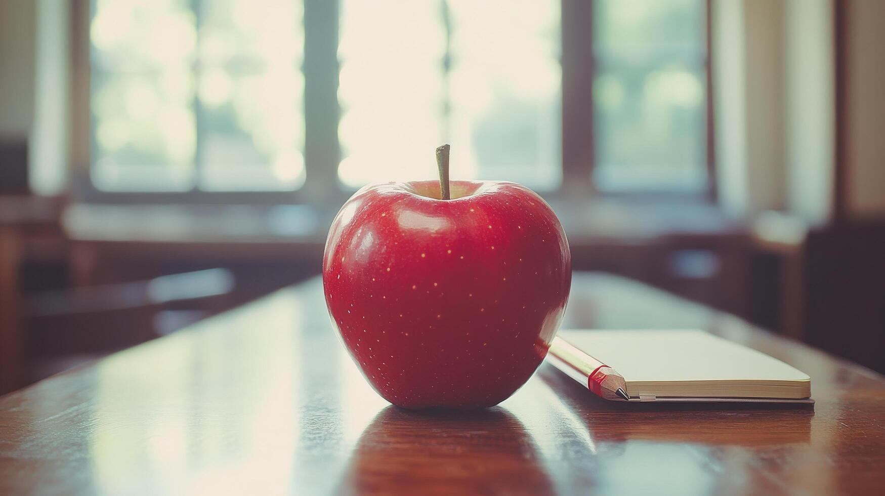 An apple sits on a table with a notebook photo