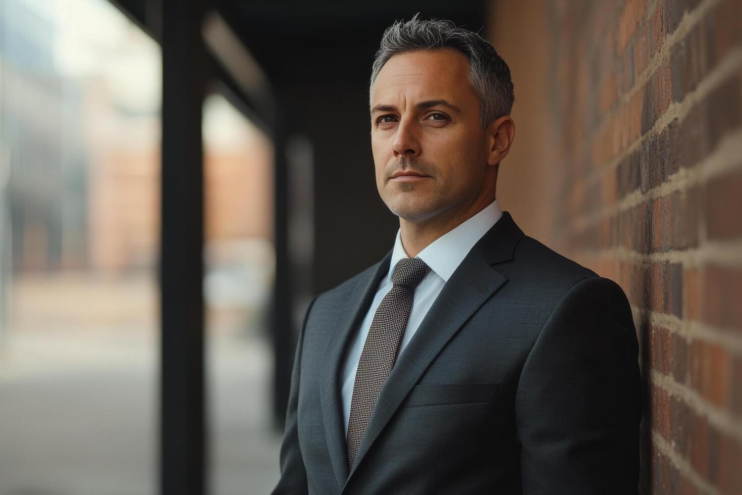 A man in a suit and tie standing in front of a brick wall photo