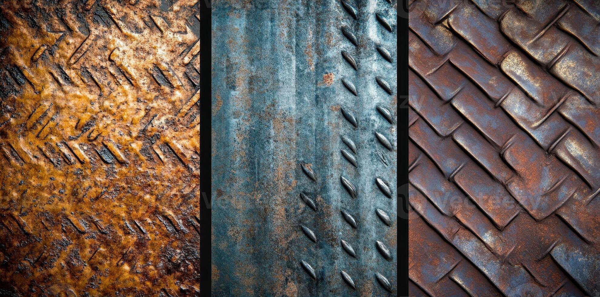Three different metal textures showcasing wear corrosion and patterns photo