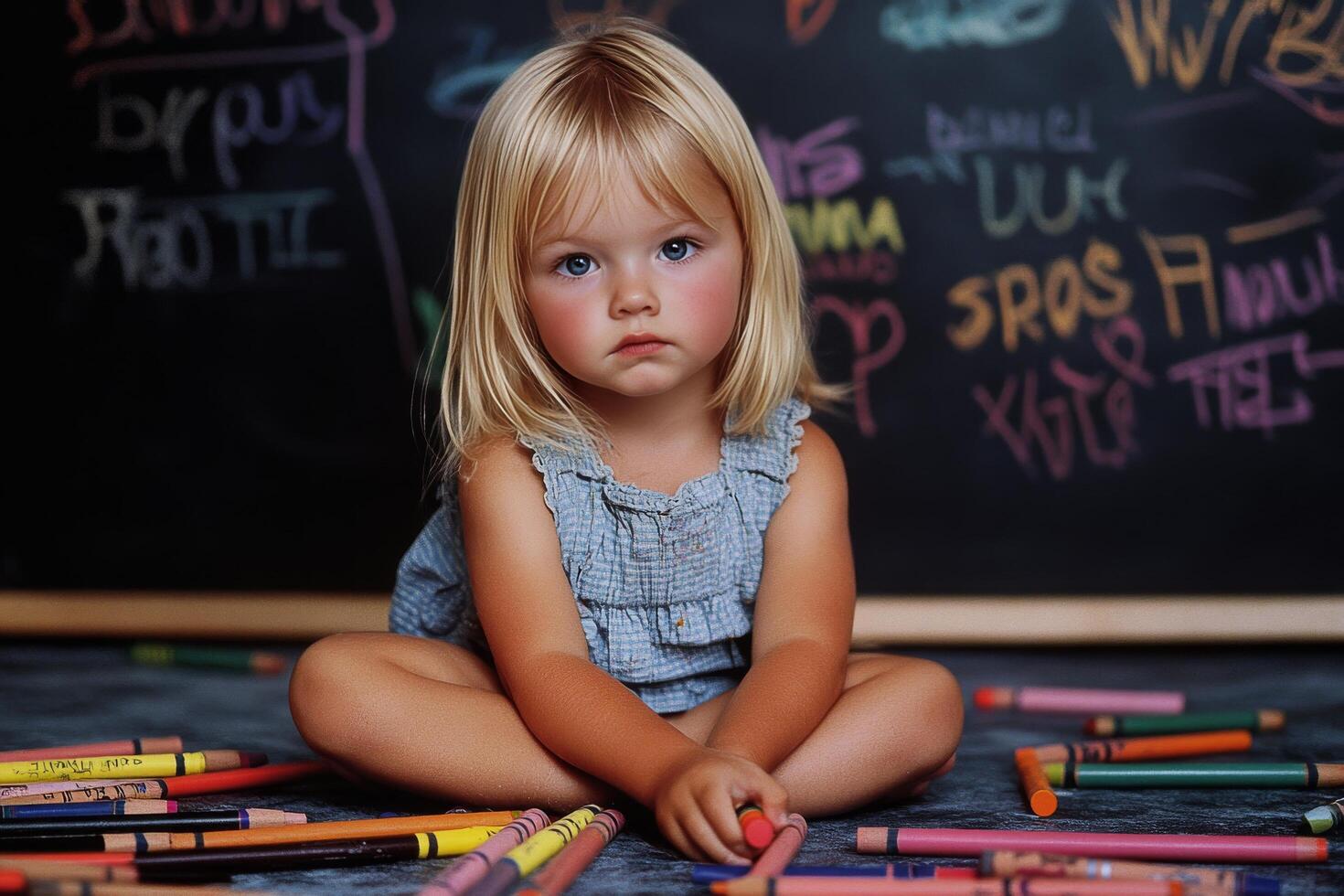 A little girl sitting on the floor with crayons photo