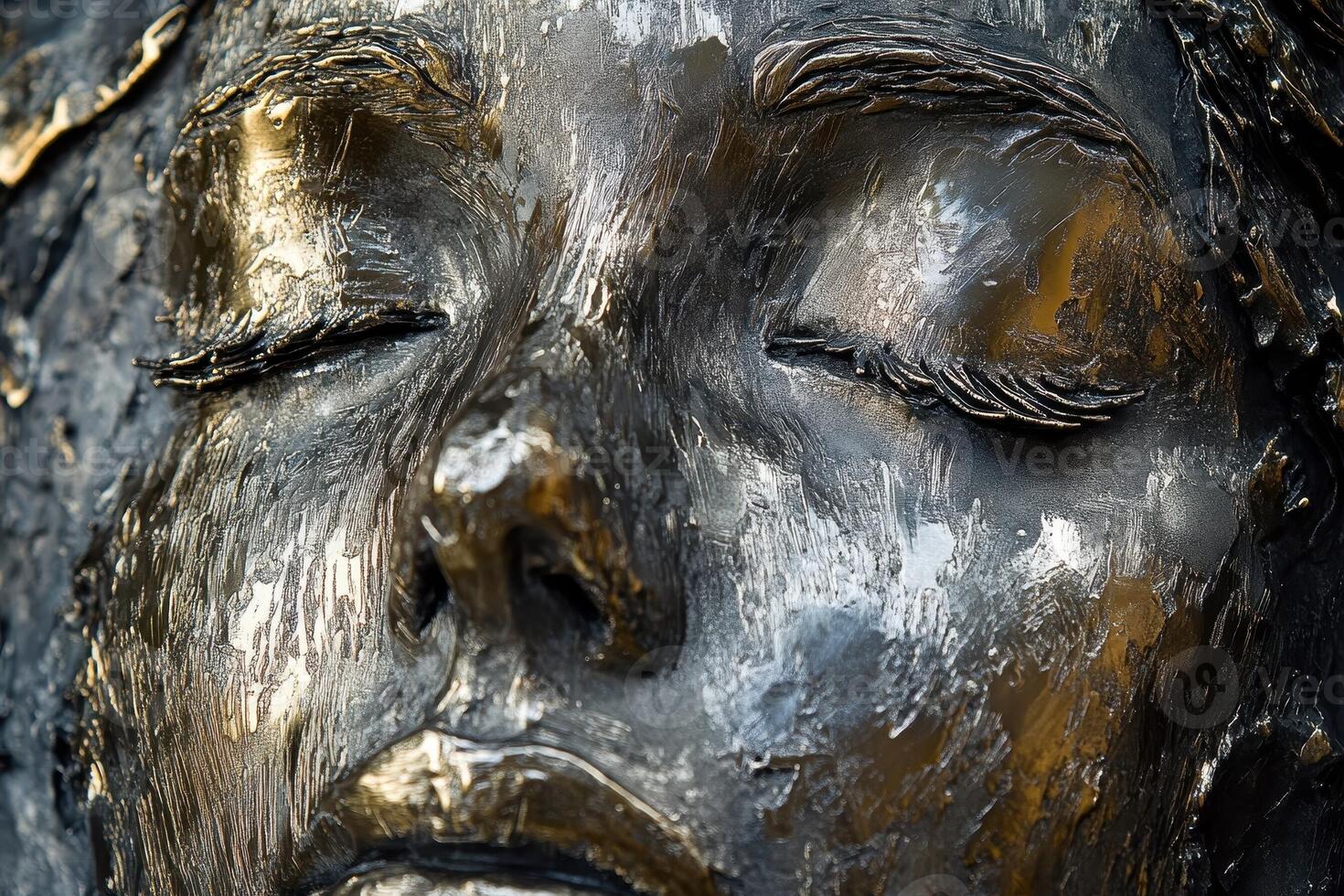 Bronze sculpture depicting a face with closed eyes in contemplation photo