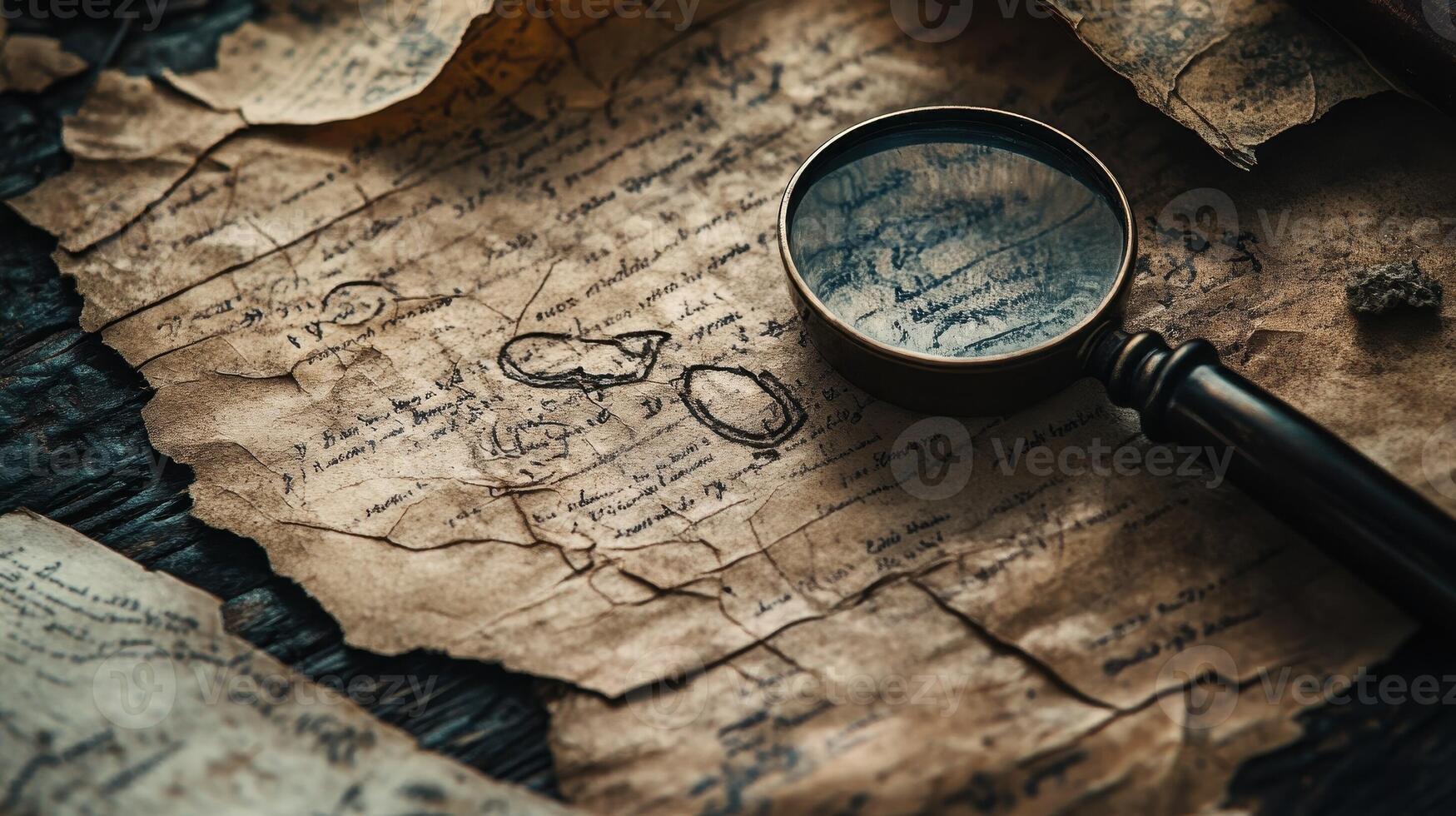 Magnifying glass rests on aged handwritten document with sketches photo