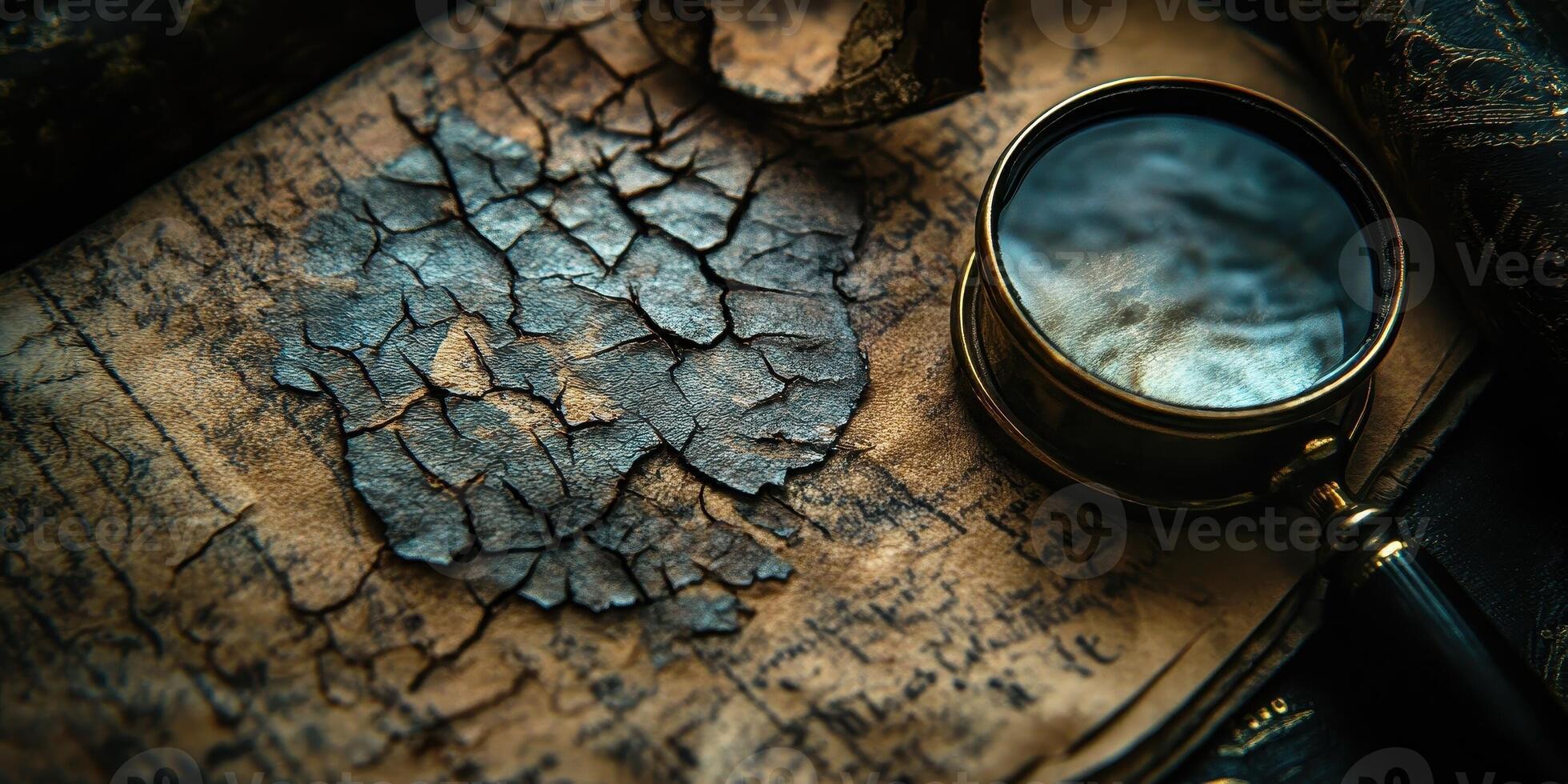 An antique map under scrutiny with a magnifying glass photo