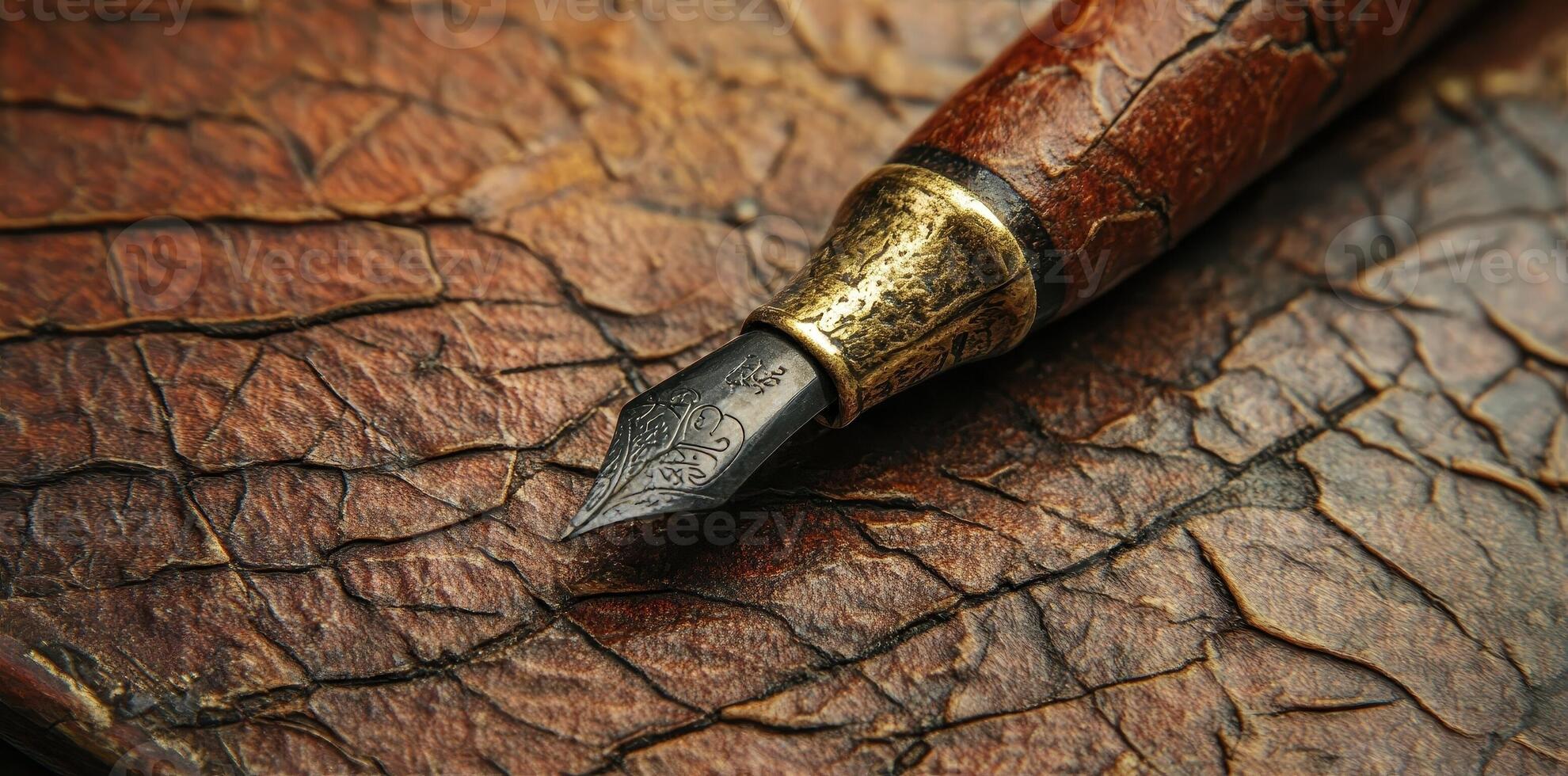 Decorative fountain pen with detailed nib resting on textured surface photo
