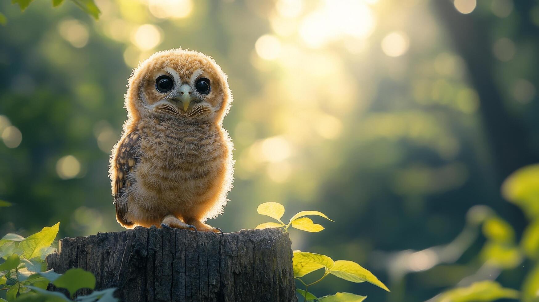 A baby owl is sitting on a stump in the sun photo