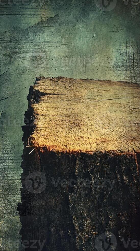 Cut tree trunk section with bark against textured backdrop photo