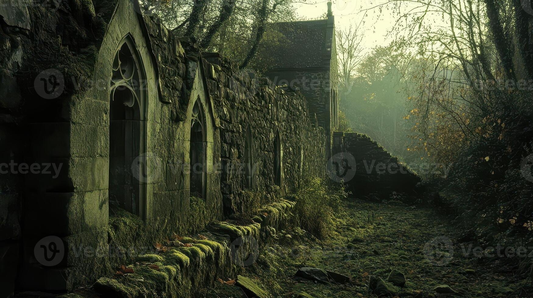 Old stone church wall with gothic windows in misty landscape photo