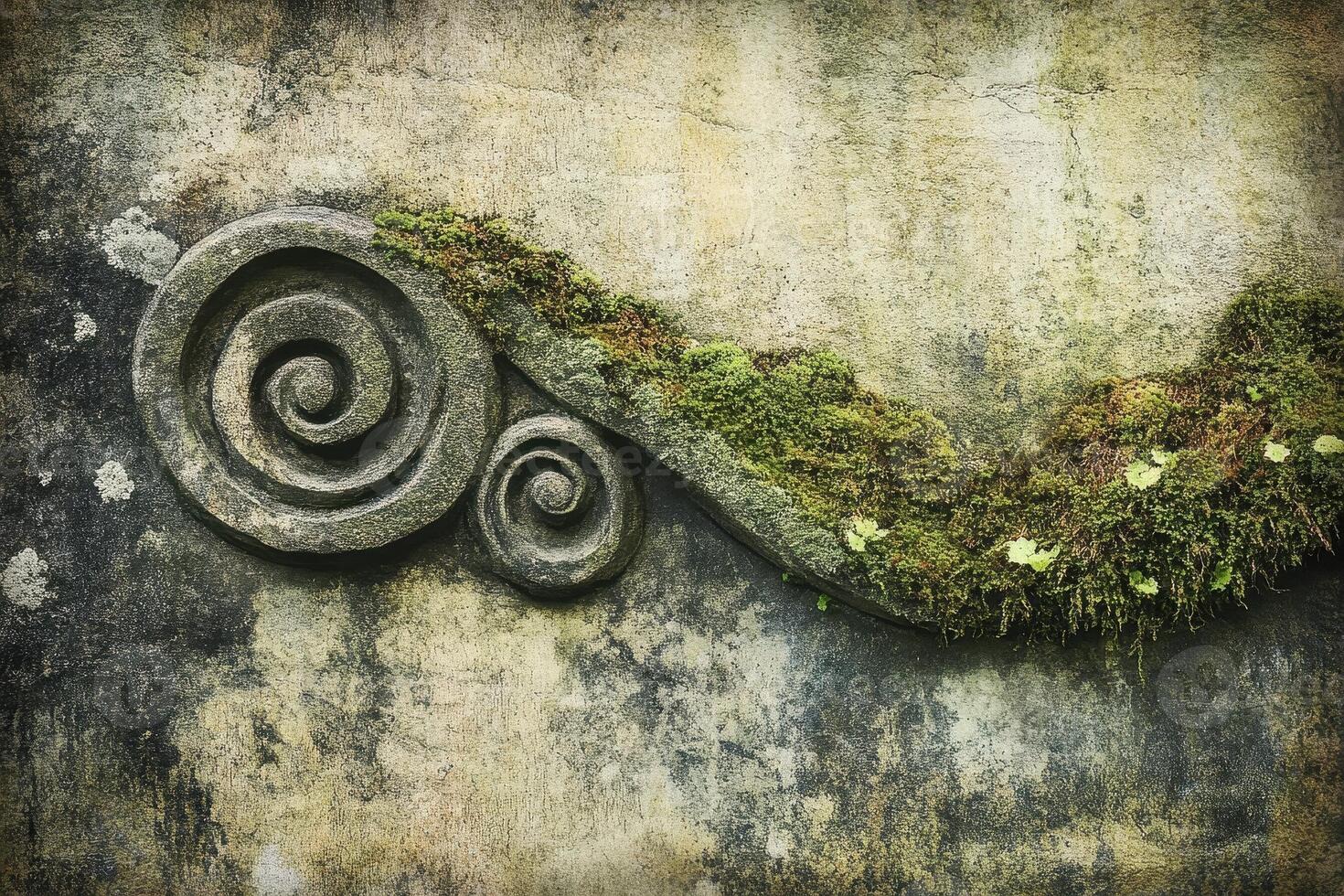 Ancient stone carving with moss and lichen covered surface photo