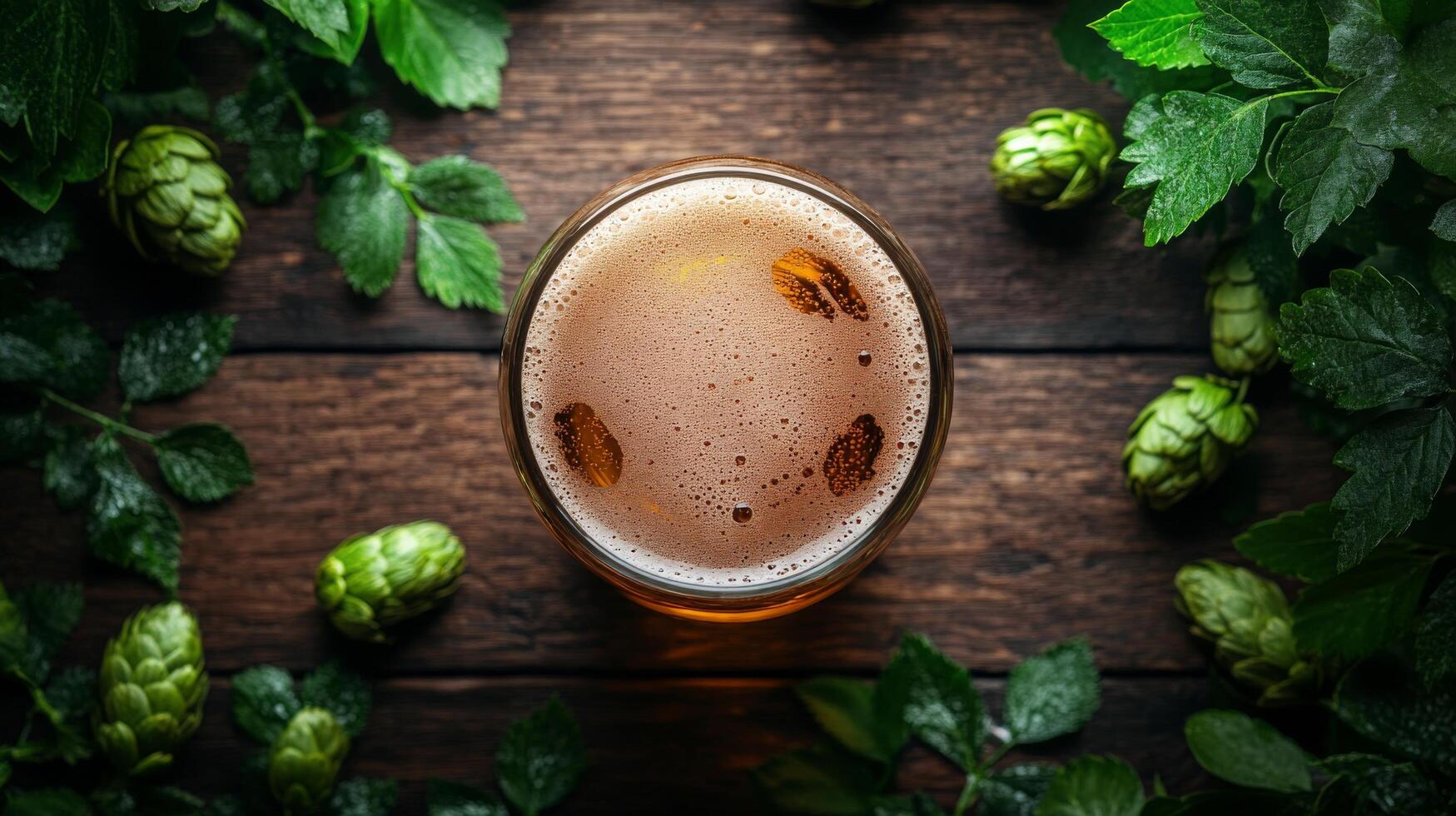 A glass of beer surrounded by green leaves photo