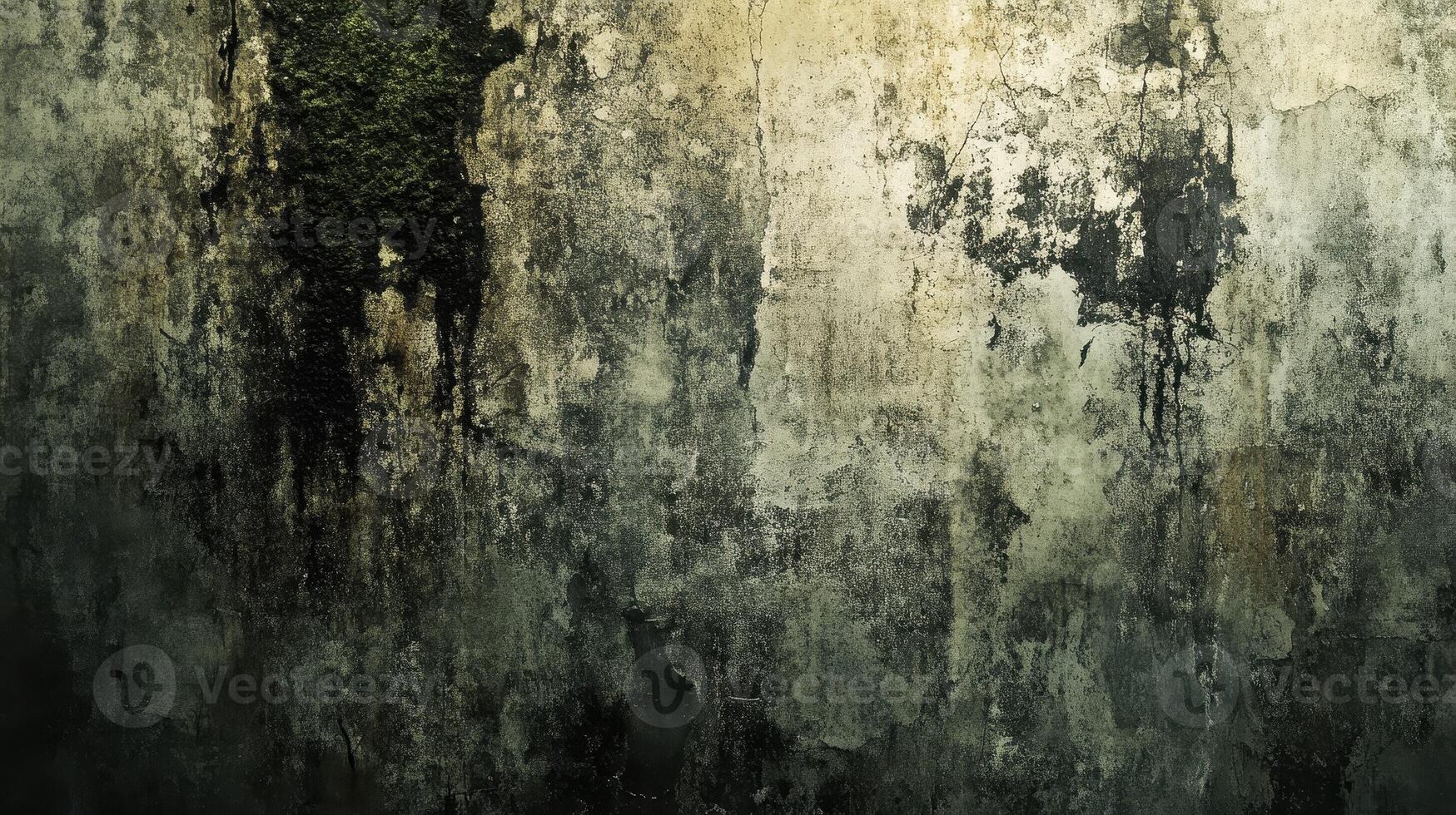 A distressed wall shows weathering with dark stains and moss photo