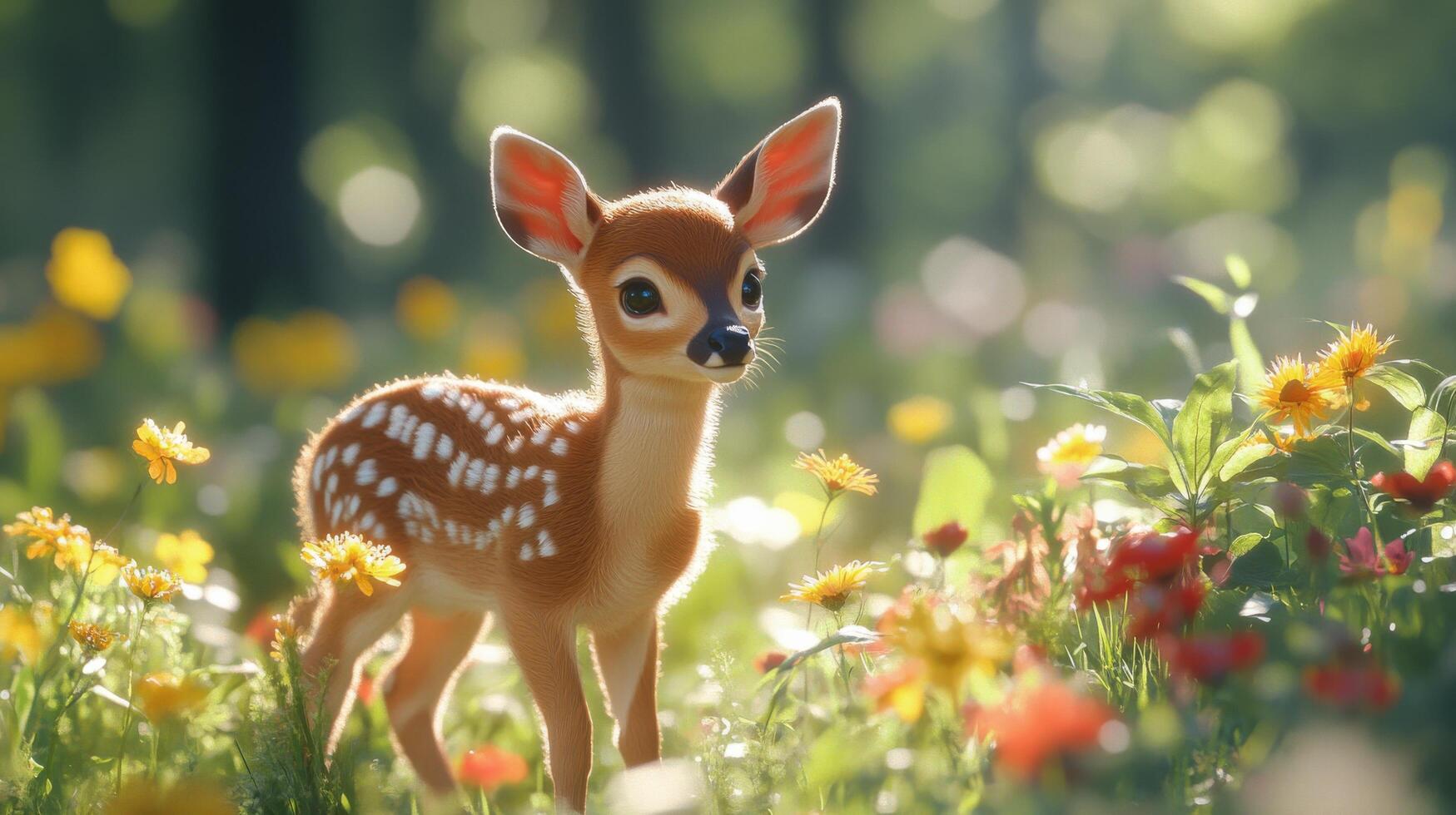A baby deer is standing in a field of flowers photo