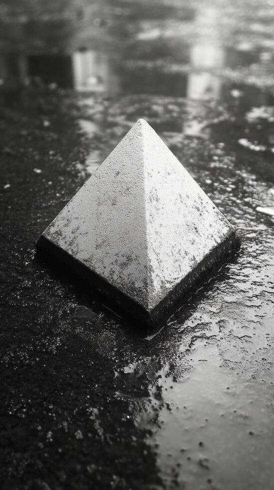 A black and white photo of a pyramid on the ground