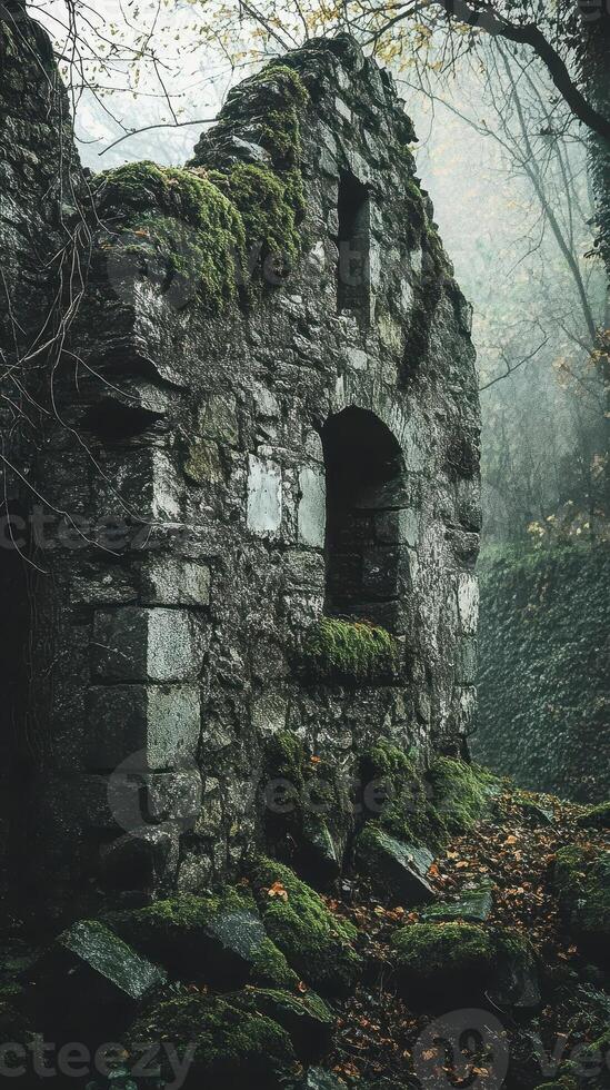 Moss covered stone ruin in the mist of a forest photo