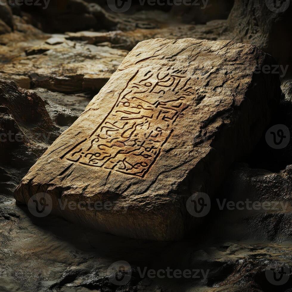 Ancient stone tablet reveals archaic script within a sandy cave photo