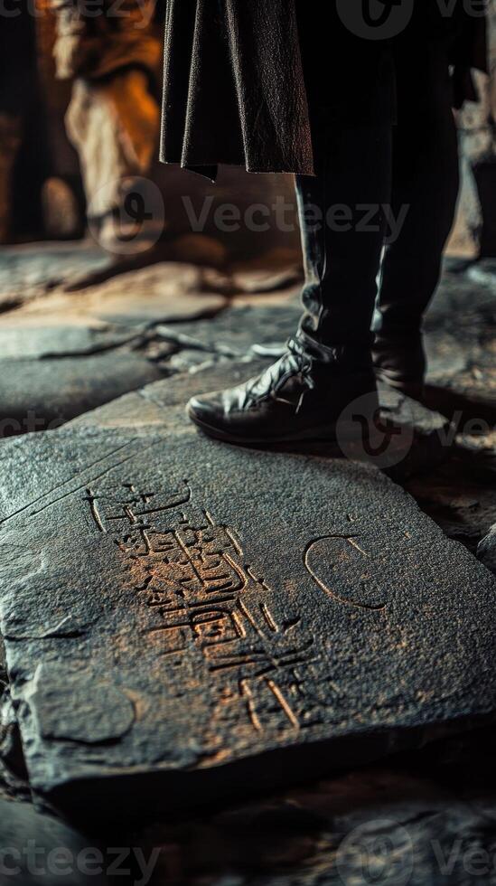 Person stands near ancient stone with inscribed symbols or writing photo