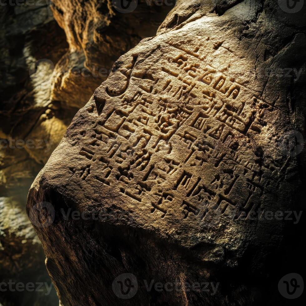 Ancient stone tablet with carved symbols rests in a cave photo