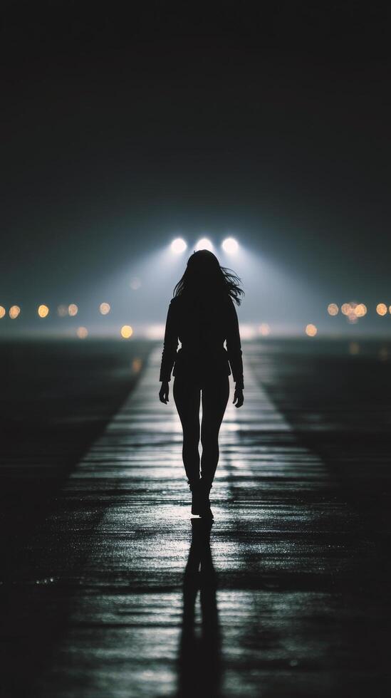 A silhouette of a woman walking on a runway at night photo