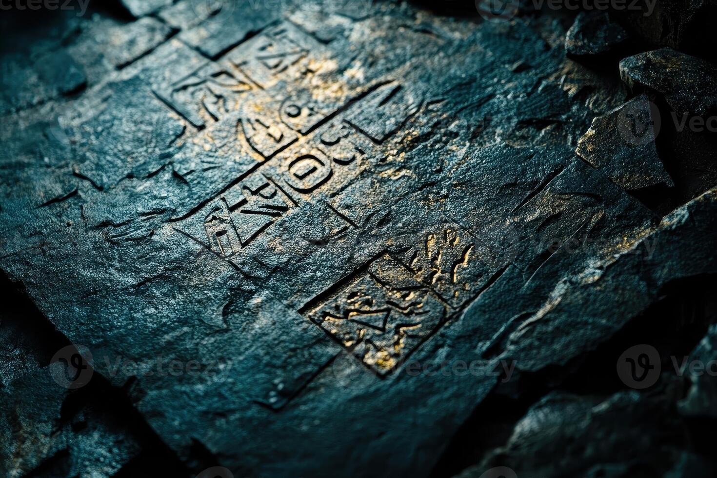 Ancient symbols carved onto stone surface with dark textured background photo