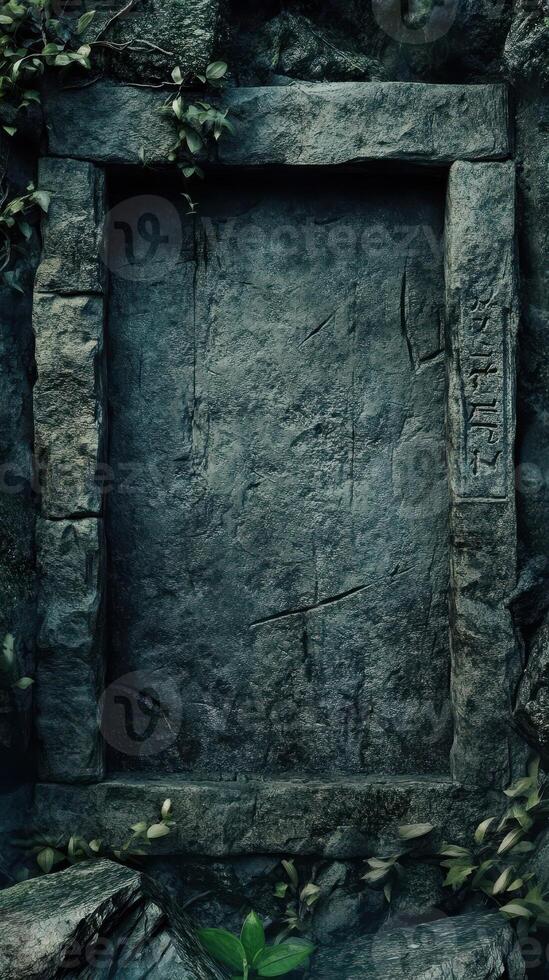 Ancient stone door or portal with aged carvings shown photo