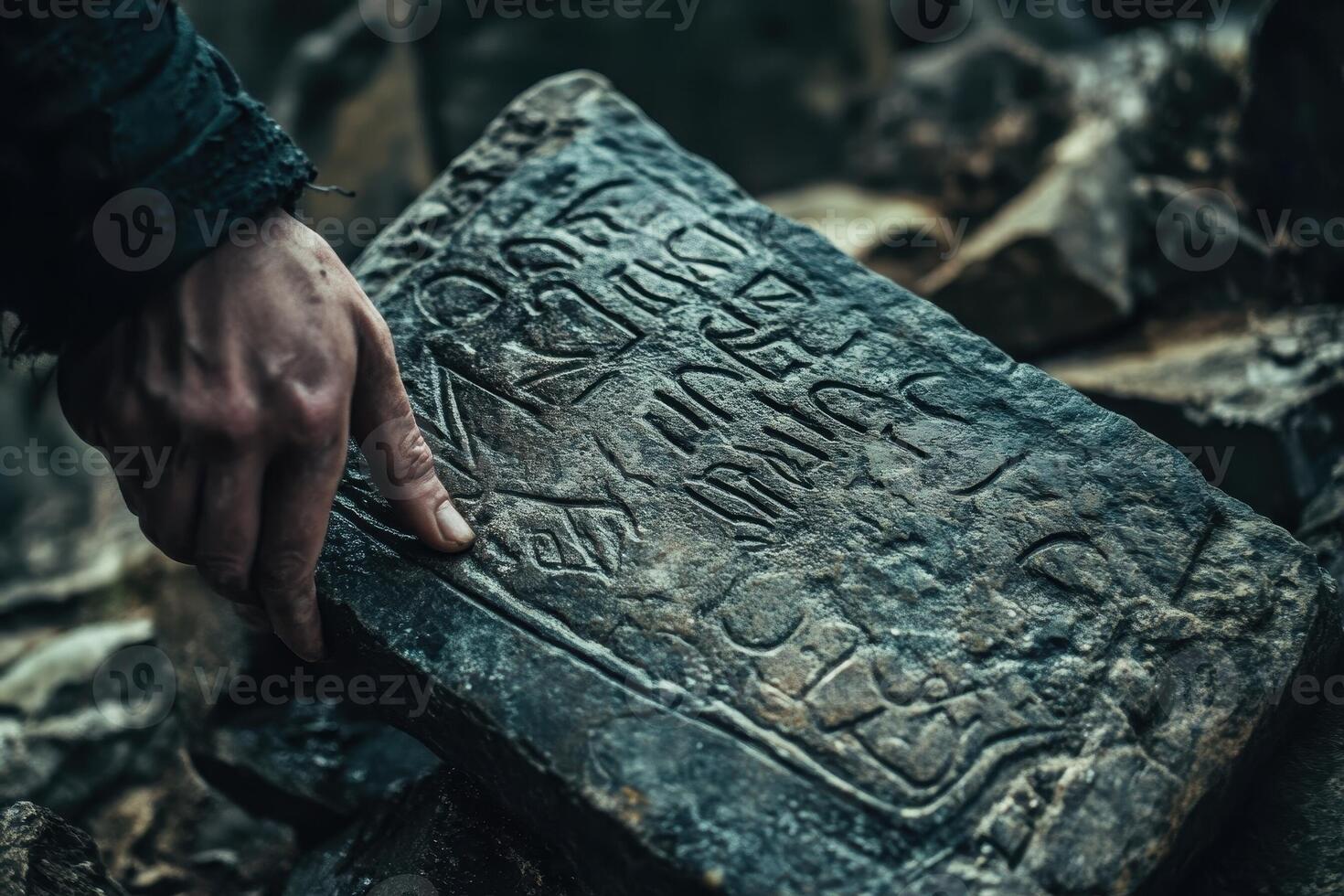 Hand points to ancient stone tablet with carved inscriptions photo