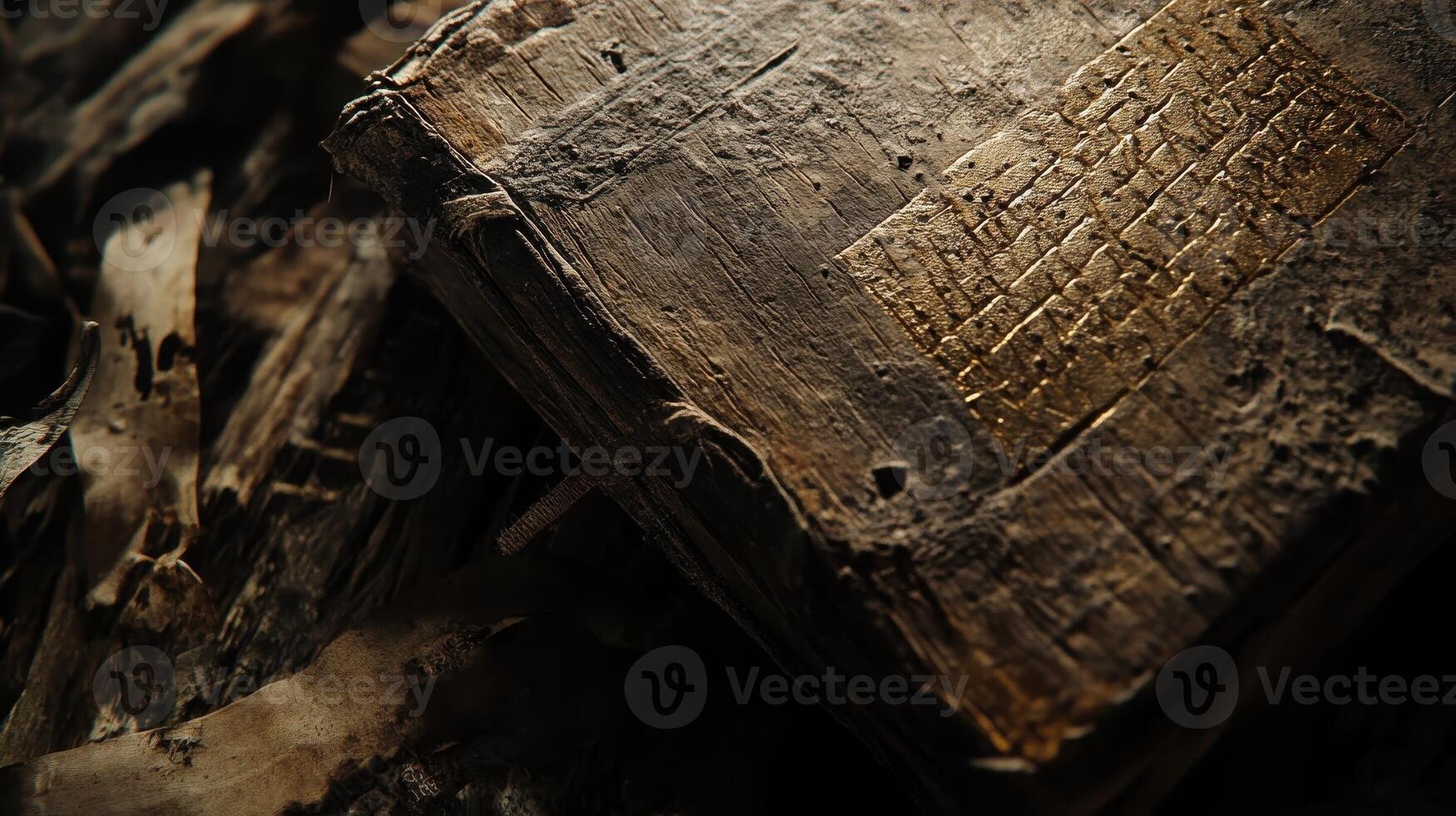 Ancient book rests among decayed pages and faded textures photo