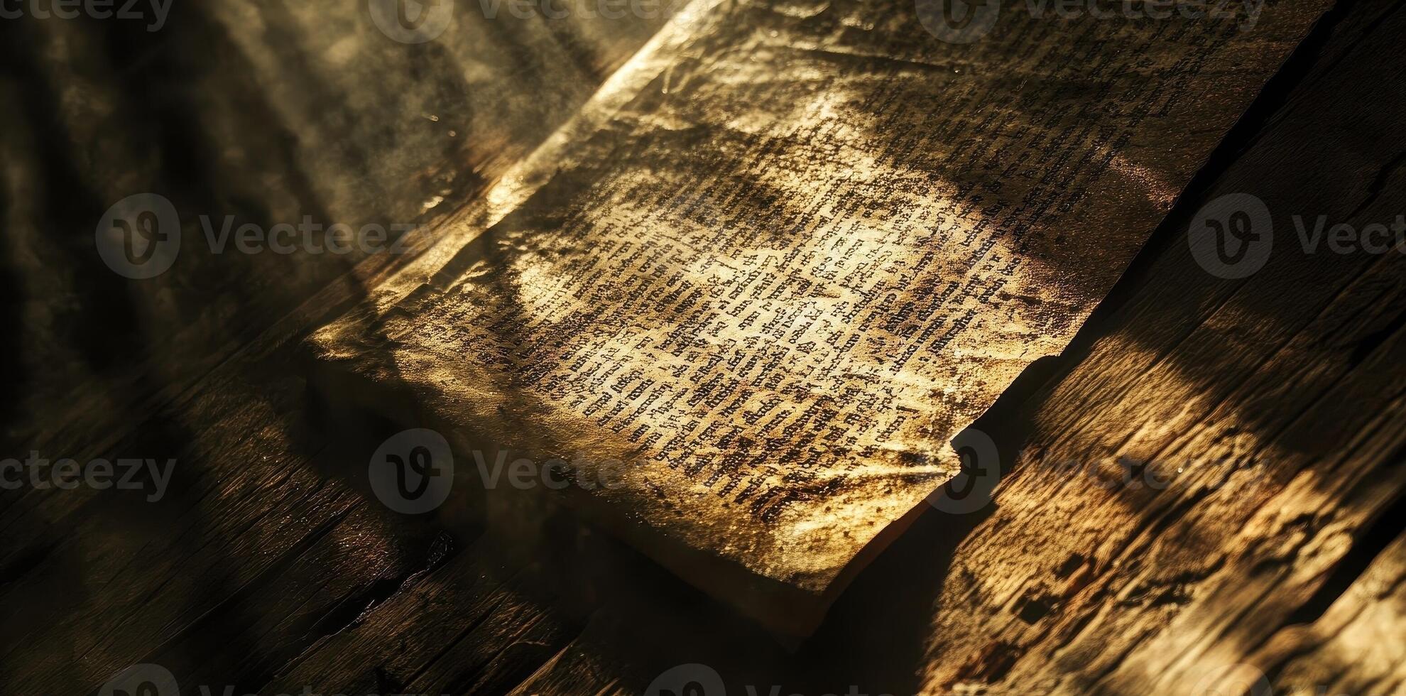 Old book with worn pages rests on a wooden surface photo
