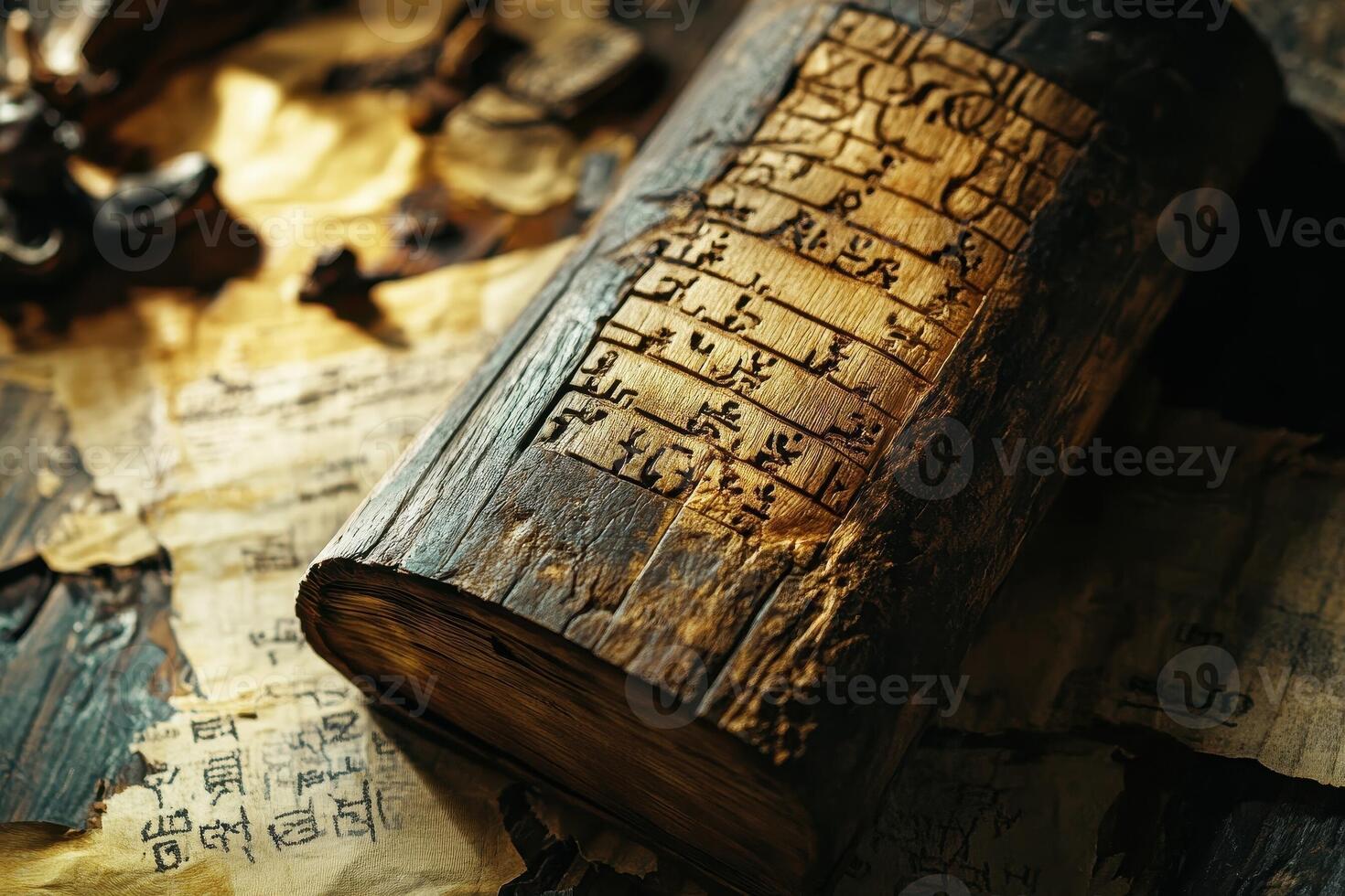 Ancient weathered book displays carved script alongside scattered written pages photo