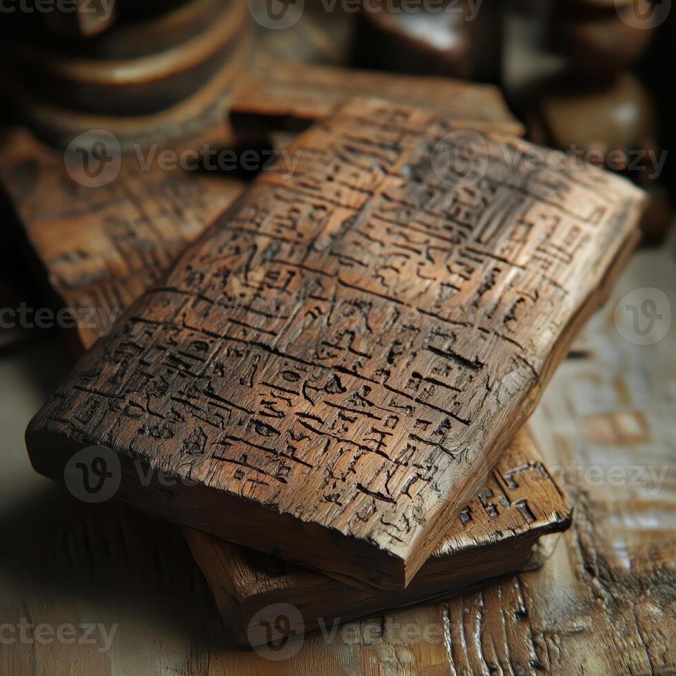 Ancient wooden tablets displaying carved hieroglyphic like inscriptions stacked together photo