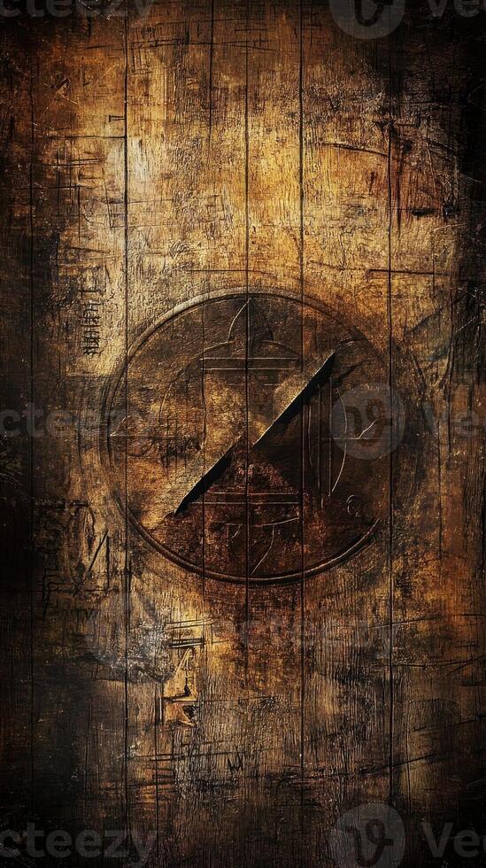 Distressed wooden door with circular symbol and diagonal slash photo