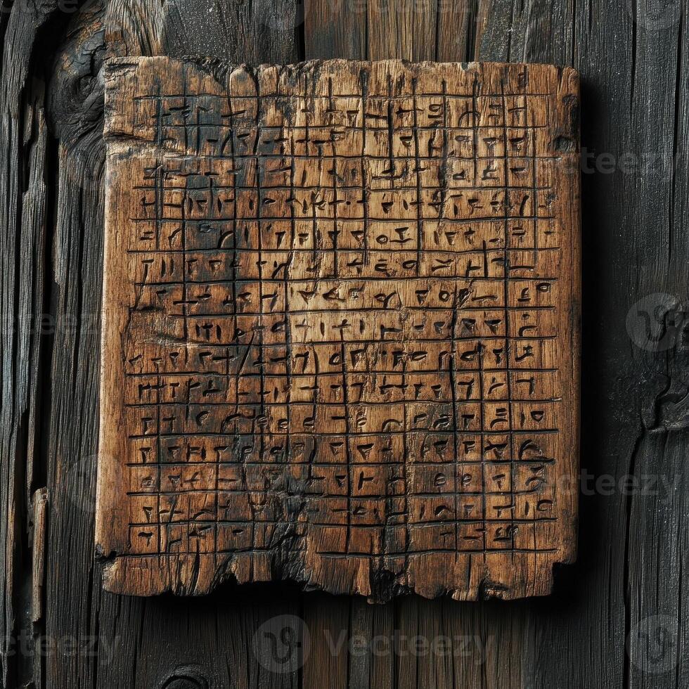 Ancient weathered wooden tablet etched with grid and text photo