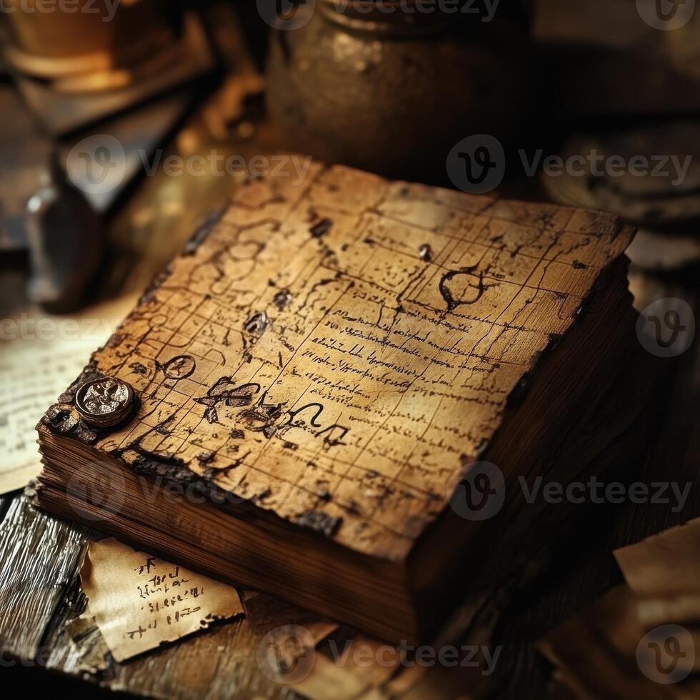 Ancient book covered with map and handwritten text is presented photo
