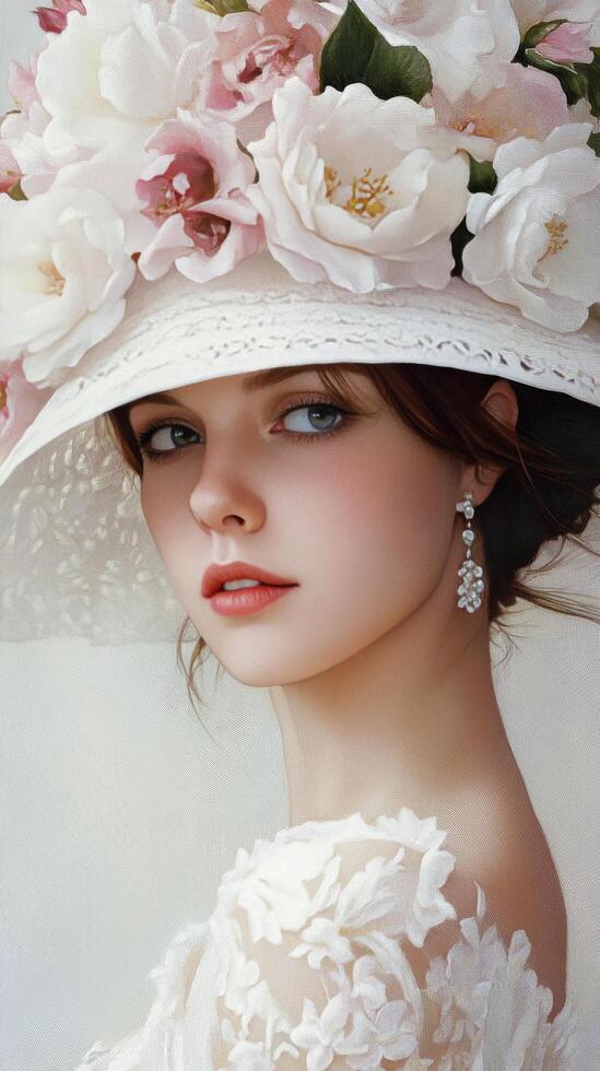A beautiful woman wearing a white hat with flowers photo