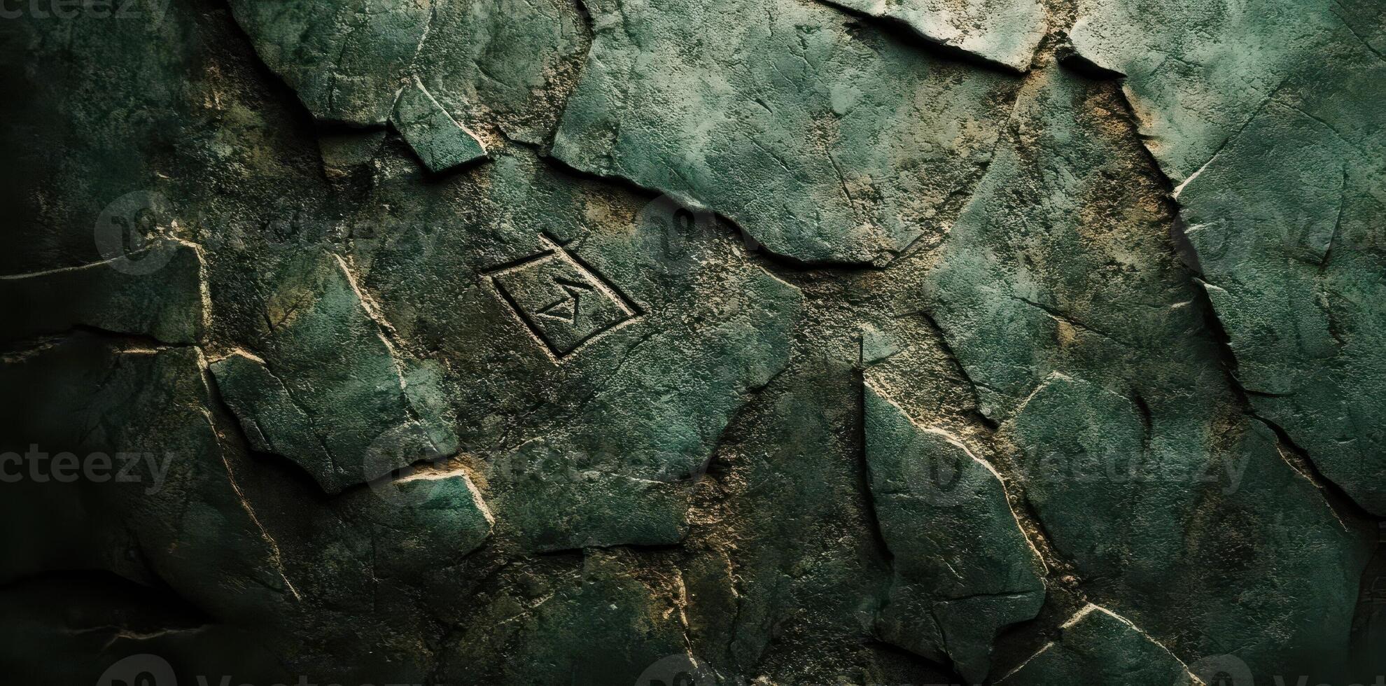 Stone surface reveals a chiseled rune symbol surrounded by cracks photo