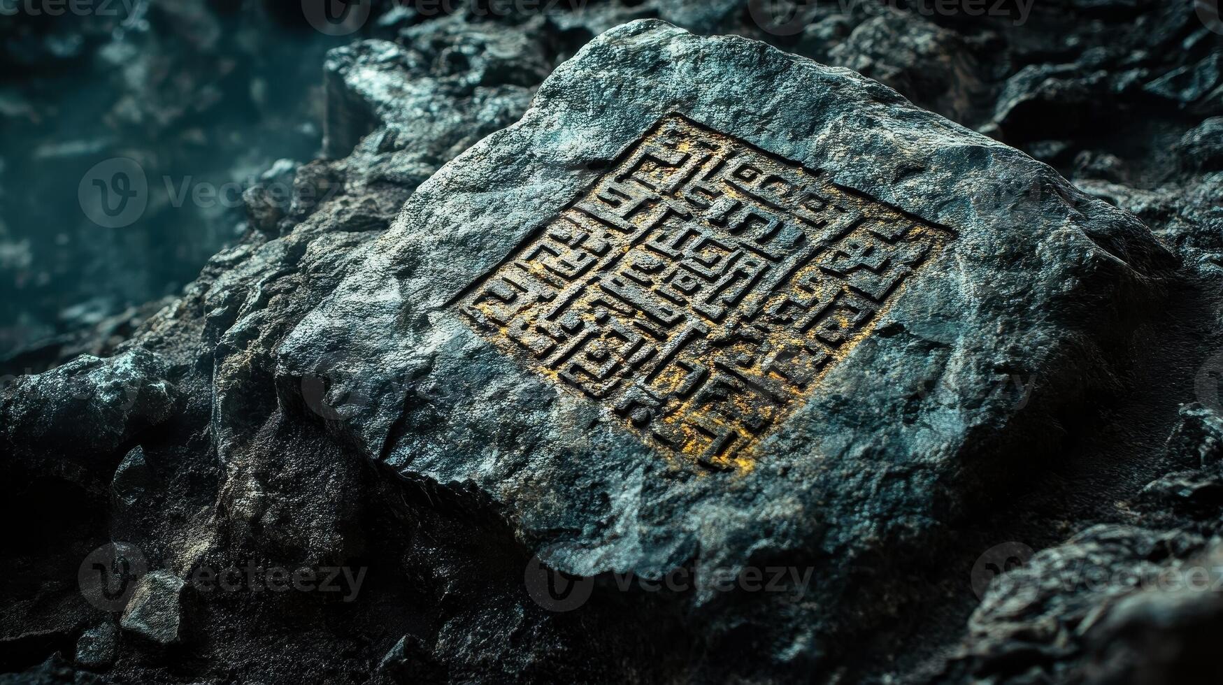 Carved stone with complex maze like design sits in nature photo