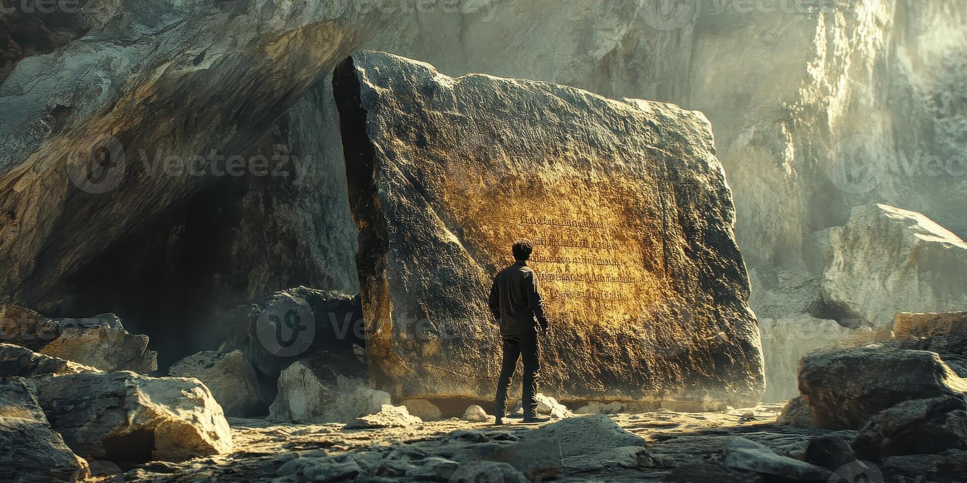 Man contemplates ancient writings on massive rock within cave photo