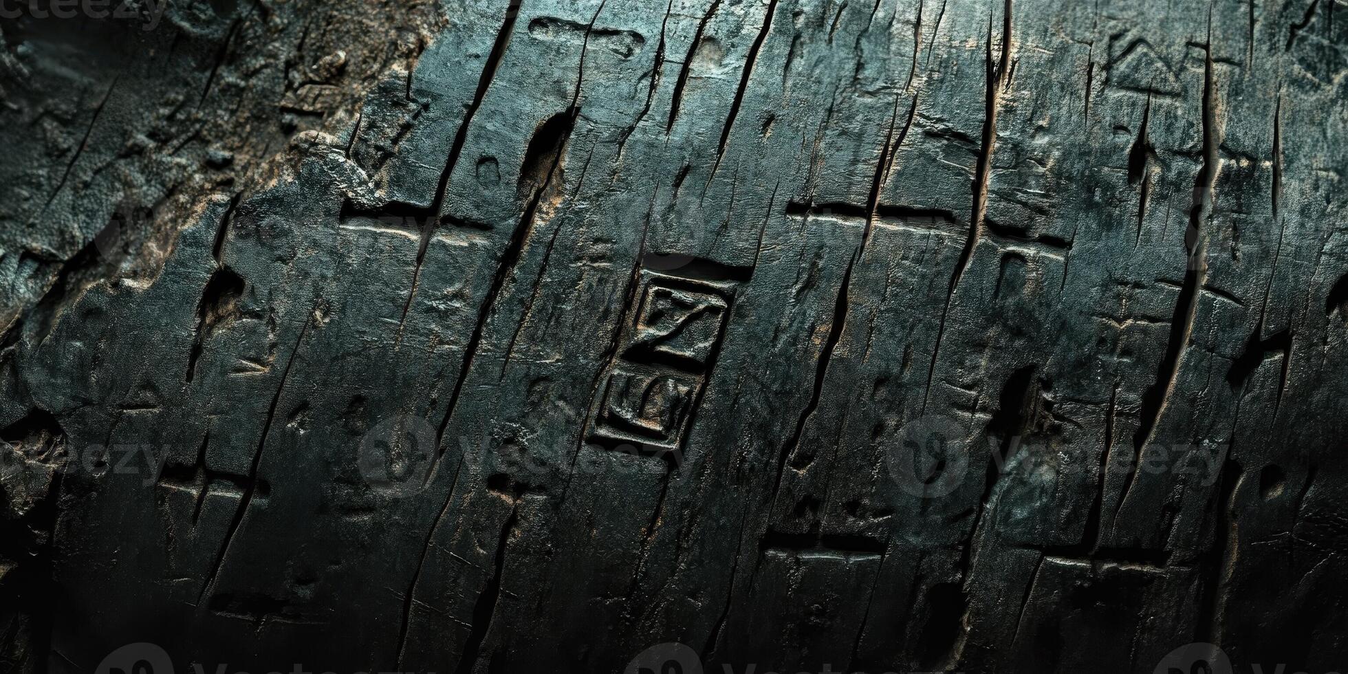 Old dark cracked wooden surface with carvings and markings photo
