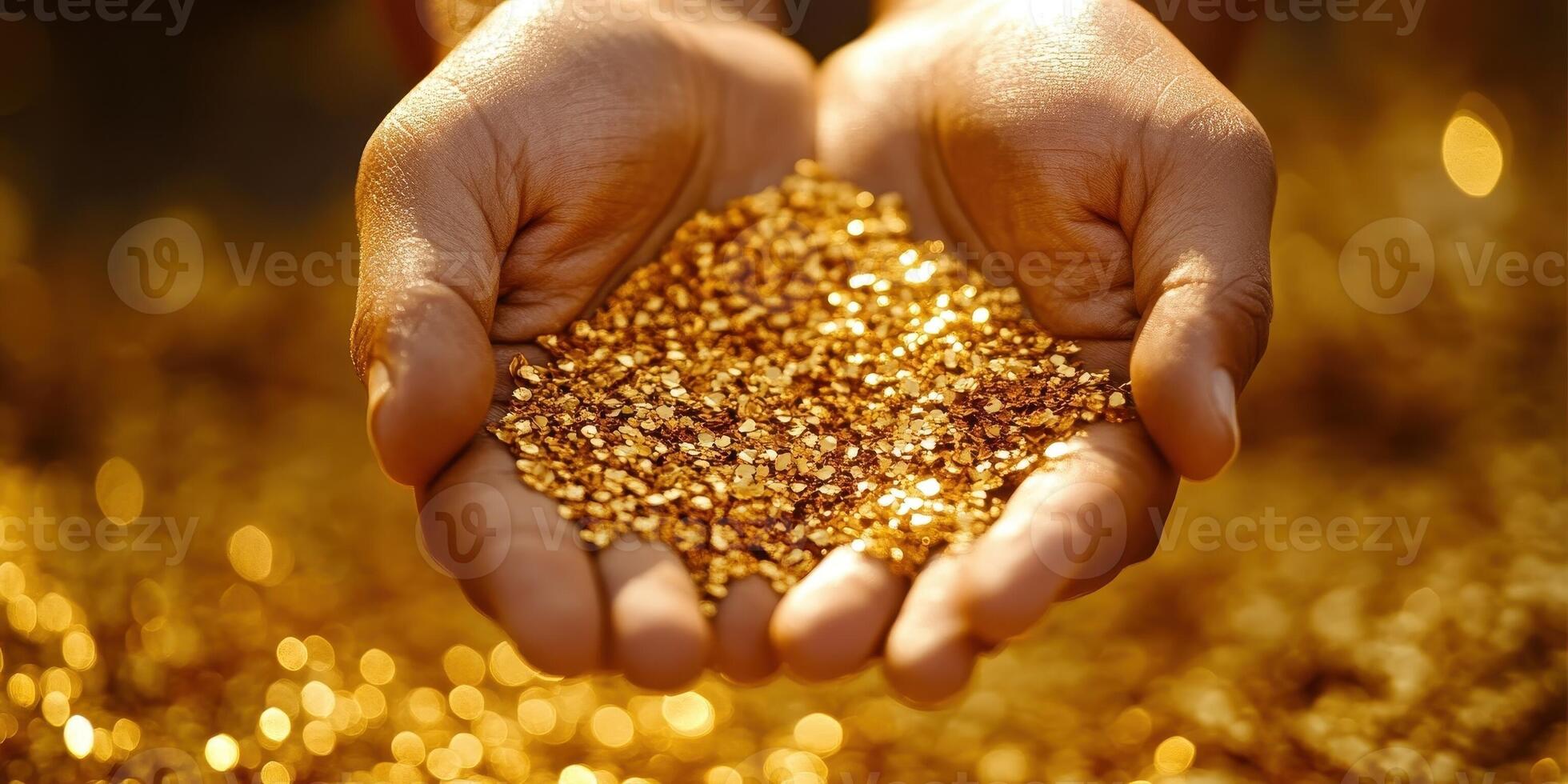 Person holding pile of gold flakes in cupped hands photo