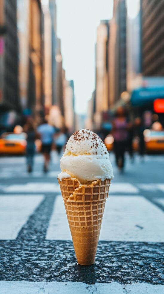 An ice cream cone sitting on the street in front of a city photo