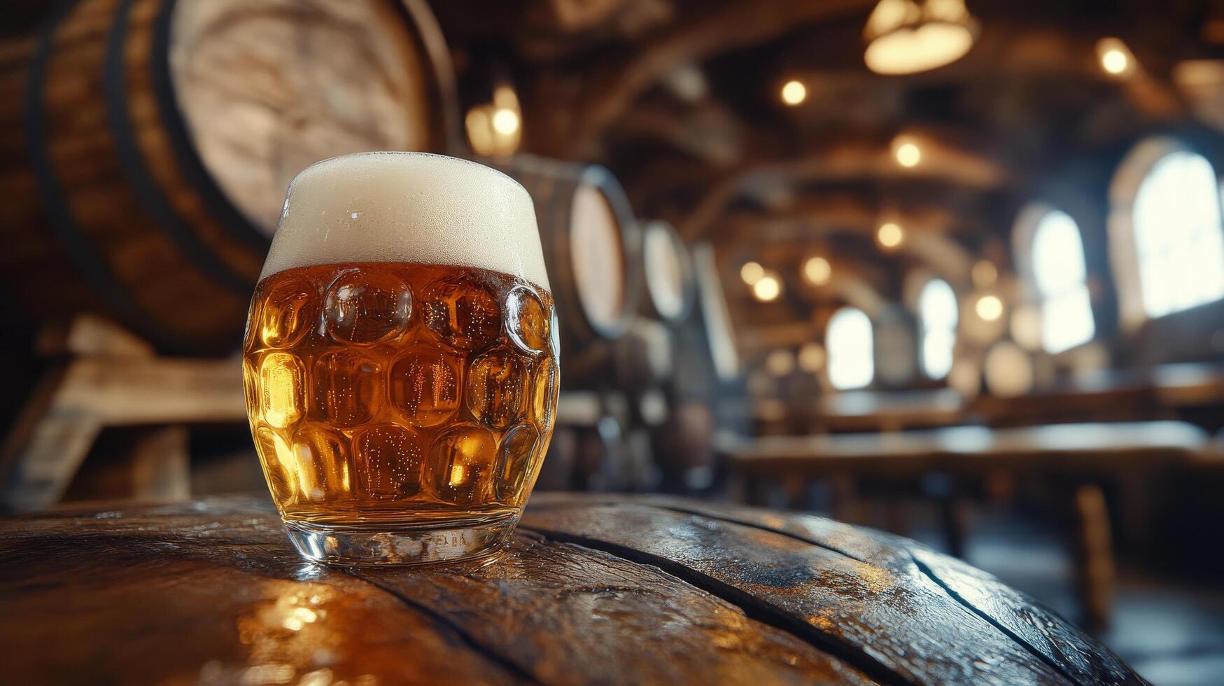 A glass of beer sitting on a wooden table photo