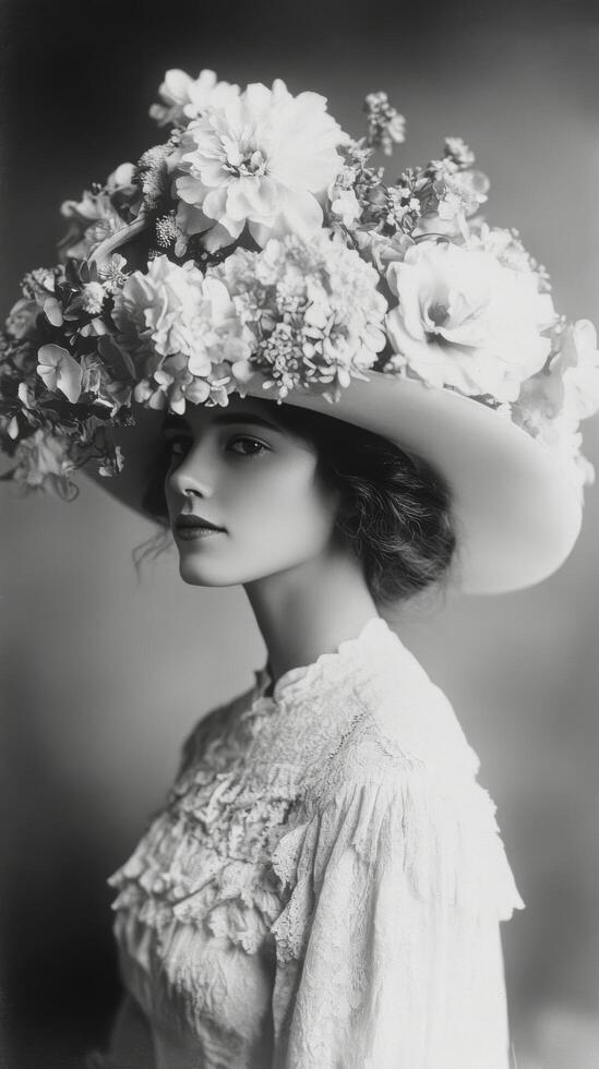 A woman wearing a large hat with flowers photo
