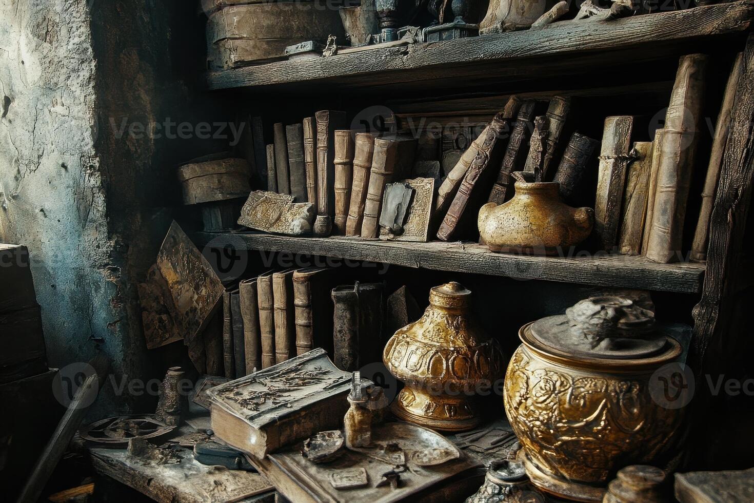 Dusty antique bookshelf filled with old books and ornate pottery photo