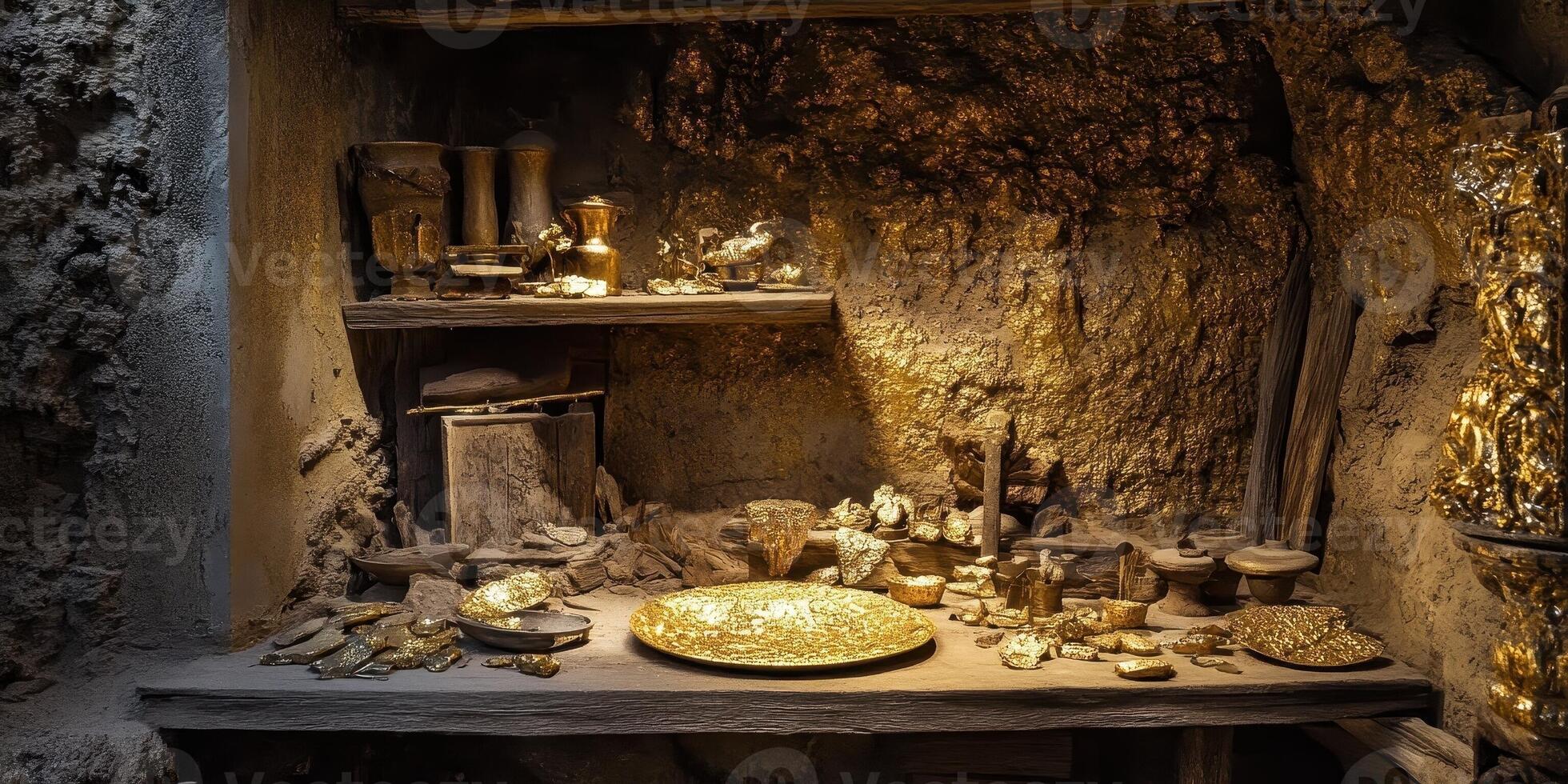Cache of gold treasures hidden in a rough stone chamber photo